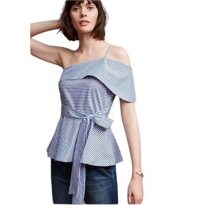 Anthropologie Maeve Mia One Shoulder Blouse Blue White Striped Coastal‎ Amalfi